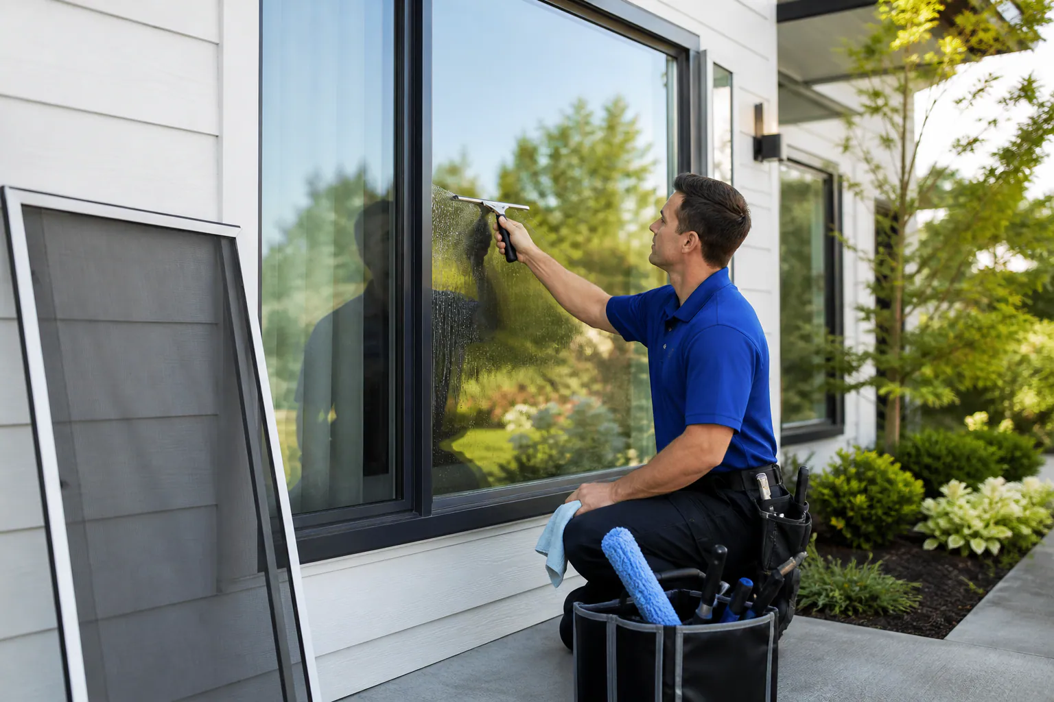 A solo window cleaner using a squeegee on a ground-floor residential window.