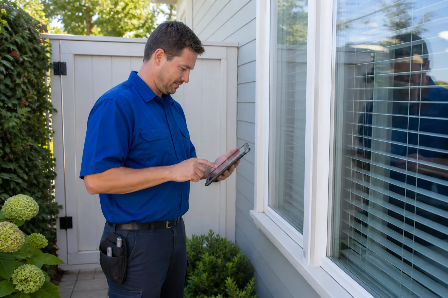 A window cleaner reviewing property details on a tablet beside a ground-floor window and gate.