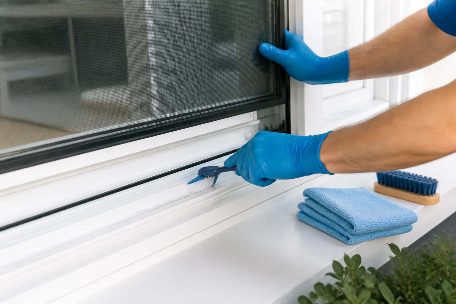 Gloved hands cleaning a removable window screen and lower track.