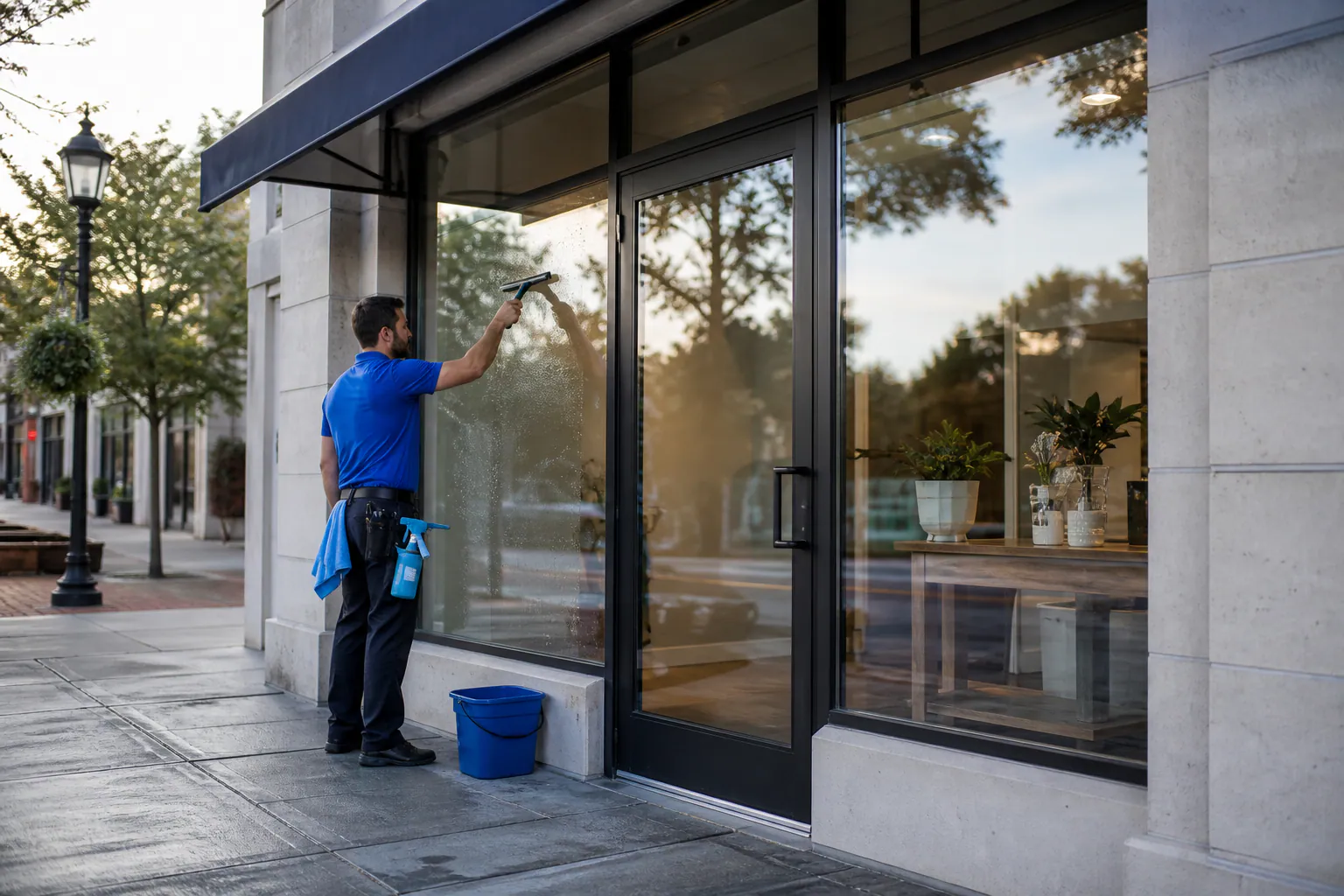 A solo window cleaner cleaning the front glass of a small neighbourhood shop.